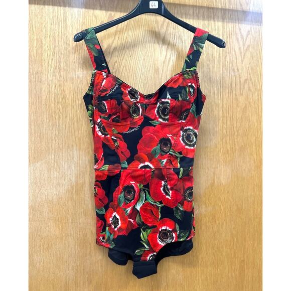 NWT Dolce & Gabbana Rose floral-print bodysuit Top Red Black IT 36 US XS - Picture 9 of 10